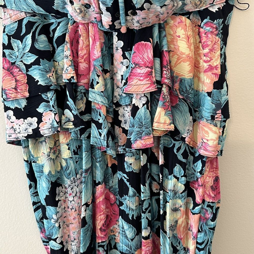 Vintage Karen Alexander Pintuck Ruffle Peplum Floral Viscose BeltedSlit Dress 10 - Picture 5 of 16